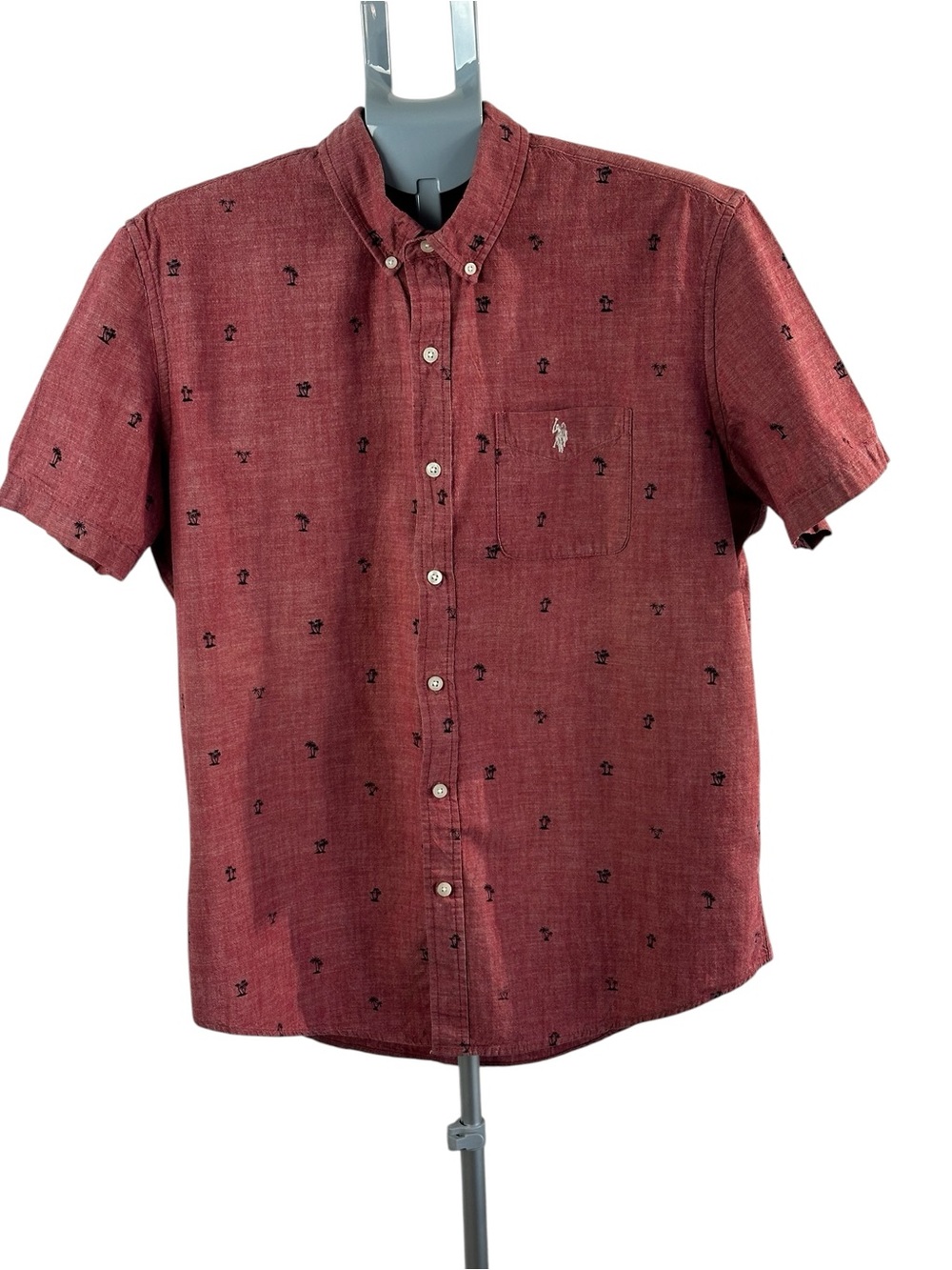 U.S. Polo Assn. Dusty Pink Chambray Button Up Shirt Palm Tree Print Short Sleeve
